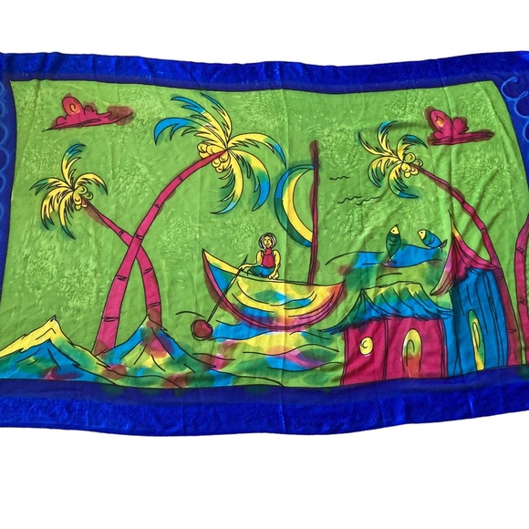 Beach Cover Up Sheer Sarong Nautical Design Multicolor Fish Palmtrees Beach Pool - Picture 1 of 7